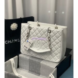 Replica Chanel GST Grand Shopping Tote Caviar Leather Gold/Silver Chain Bag White 2