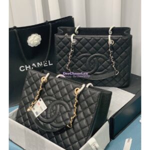 Replica Chanel GST Grand Shopping Tote Caviar Leather Gold/Silver Chain Bag Black