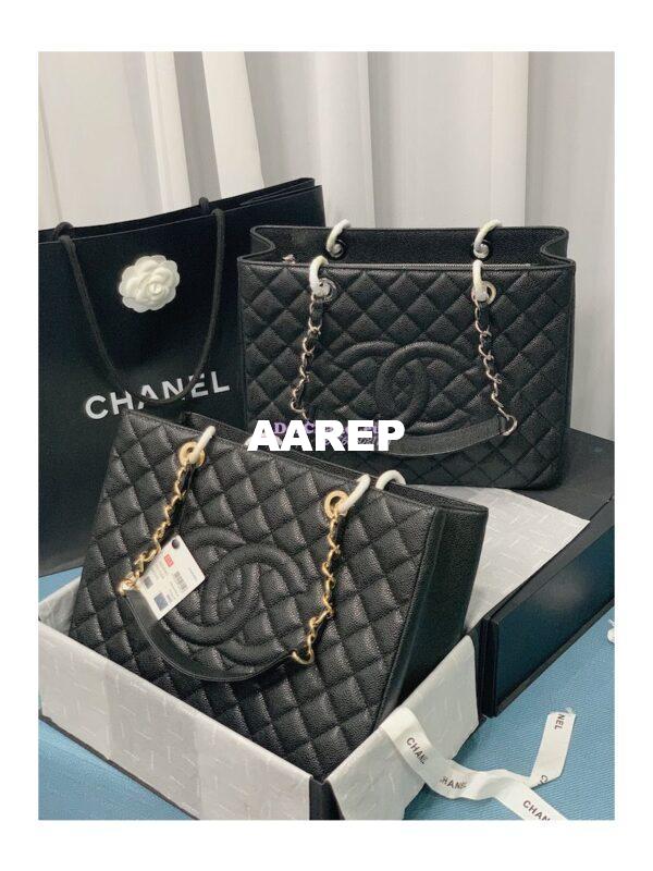 Replica Chanel GST Grand Shopping Tote Caviar Leather Gold/Silver Chain Bag Black