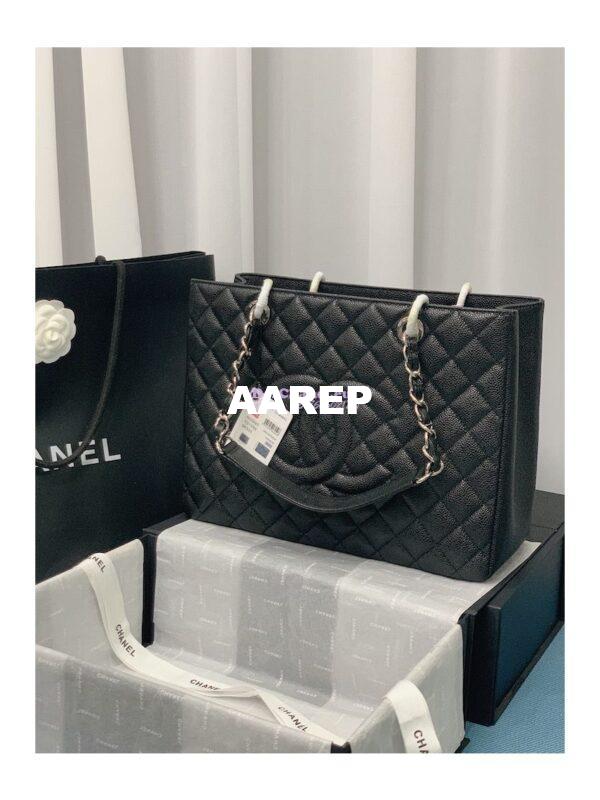 Replica Chanel GST Grand Shopping Tote Caviar Leather Gold/Silver Chain Bag Black 2