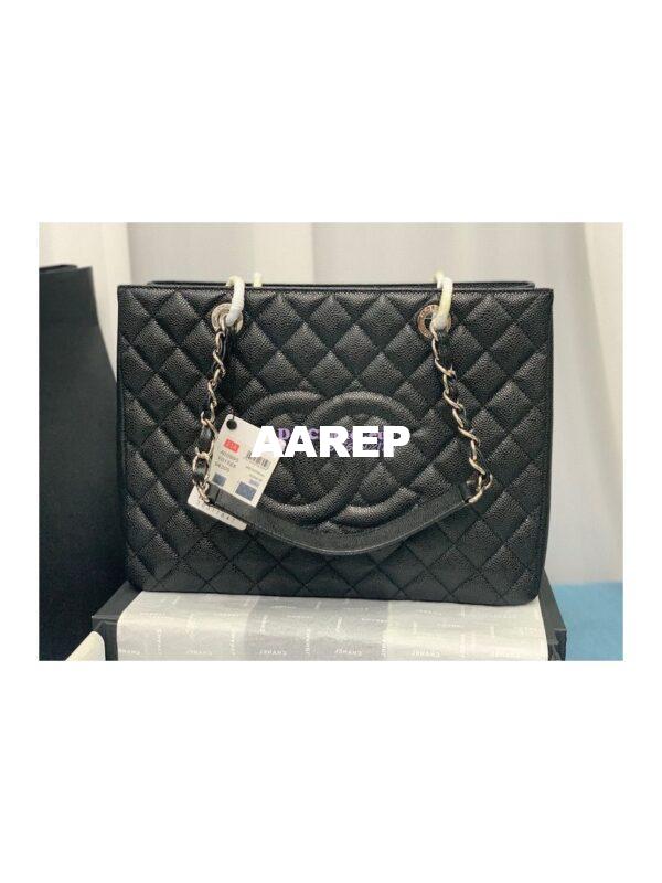 Replica Chanel GST Grand Shopping Tote Caviar Leather Gold/Silver Chain Bag Black 3