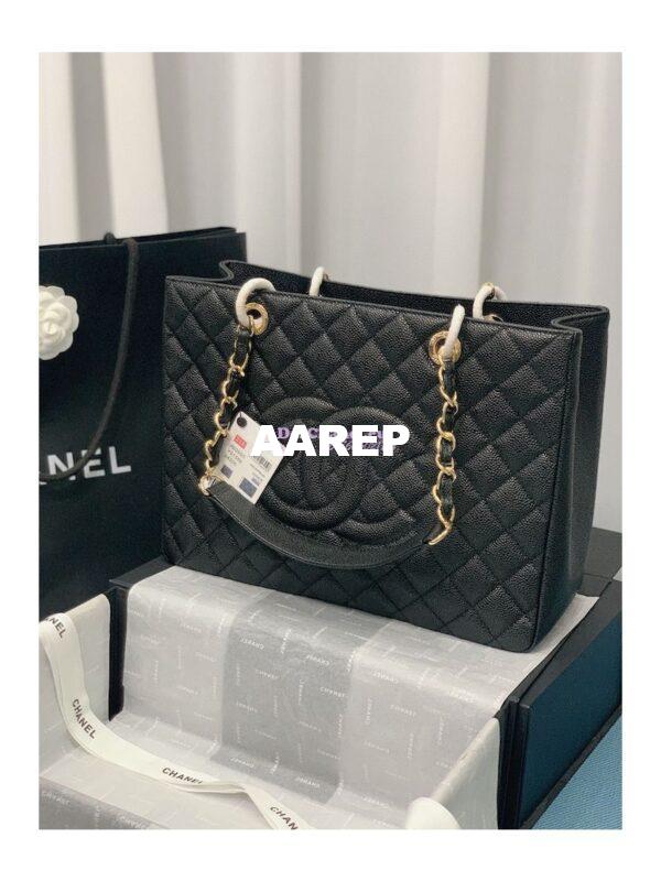 Replica Chanel GST Grand Shopping Tote Caviar Leather Gold/Silver Chain Bag Black 11