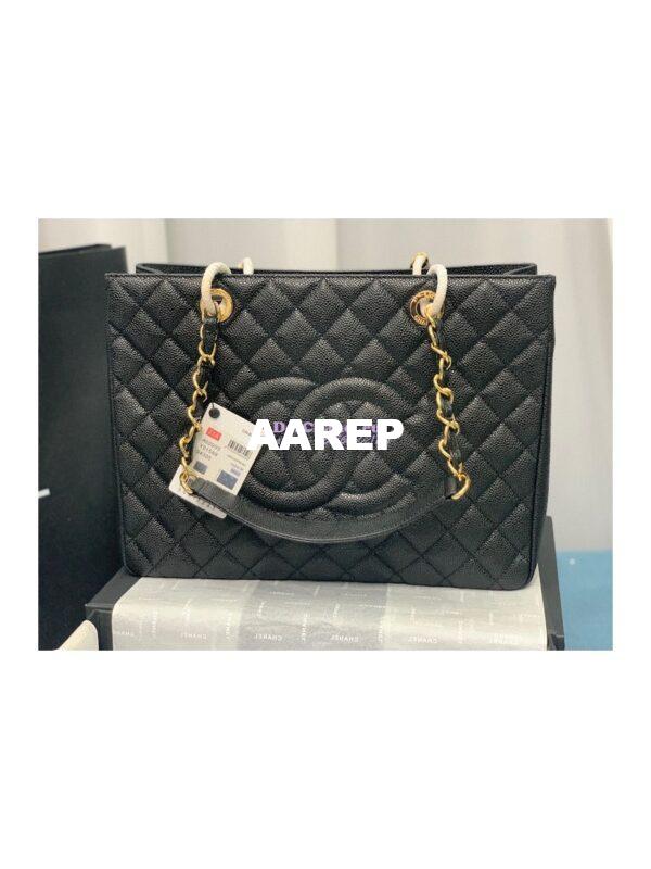 Replica Chanel GST Grand Shopping Tote Caviar Leather Gold/Silver Chain Bag Black 12