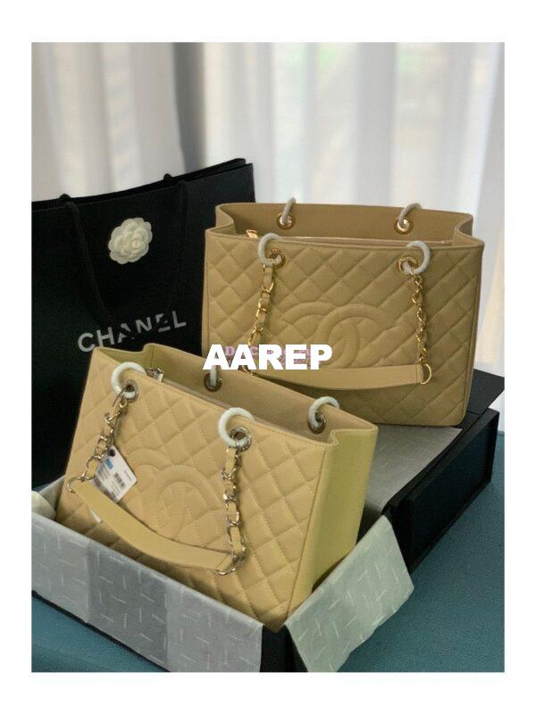Replica Chanel GST Grand Shopping Tote Caviar Leather Gold/Silver Chain Bag beige