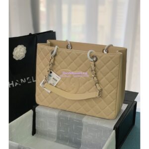 Replica Chanel GST Grand Shopping Tote Caviar Leather Gold/Silver Chain Bag beige 2
