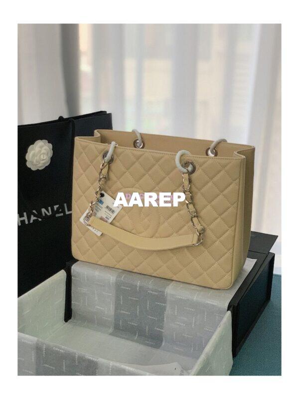 Replica Chanel GST Grand Shopping Tote Caviar Leather Gold/Silver Chain Bag beige 2