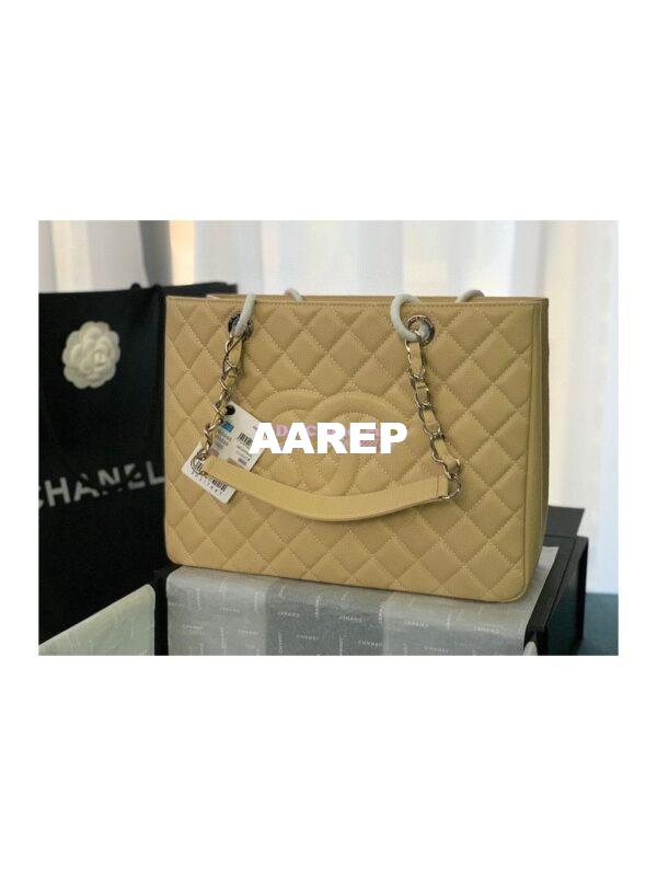 Replica Chanel GST Grand Shopping Tote Caviar Leather Gold/Silver Chain Bag beige 3