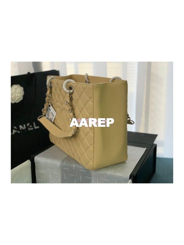 Replica Chanel GST Grand Shopping Tote Caviar Leather Gold/Silver Chain Bag beige 5