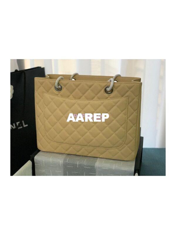 Replica Chanel GST Grand Shopping Tote Caviar Leather Gold/Silver Chain Bag beige 9