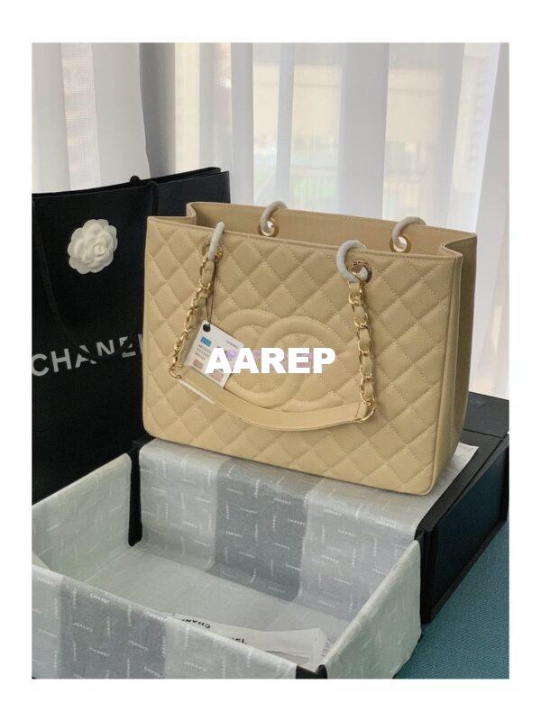 Replica Chanel GST Grand Shopping Tote Caviar Leather Gold/Silver Chain Bag beige 11