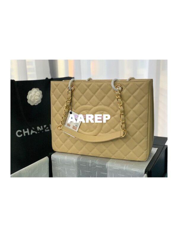 Replica Chanel GST Grand Shopping Tote Caviar Leather Gold/Silver Chain Bag beige 12