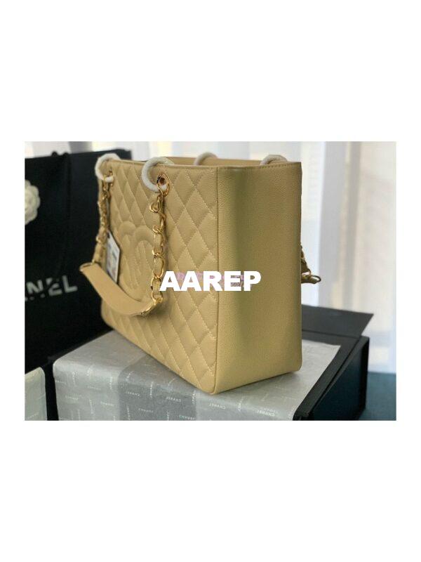 Replica Chanel GST Grand Shopping Tote Caviar Leather Gold/Silver Chain Bag beige 14