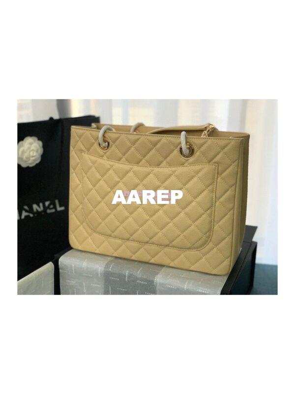 Replica Chanel GST Grand Shopping Tote Caviar Leather Gold/Silver Chain Bag beige 18