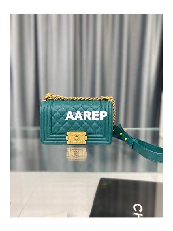 Replica Chanel Medium Boy Handbag in Grained Calfskin with Matte Gold Hardware 67086 Peacock Green 12