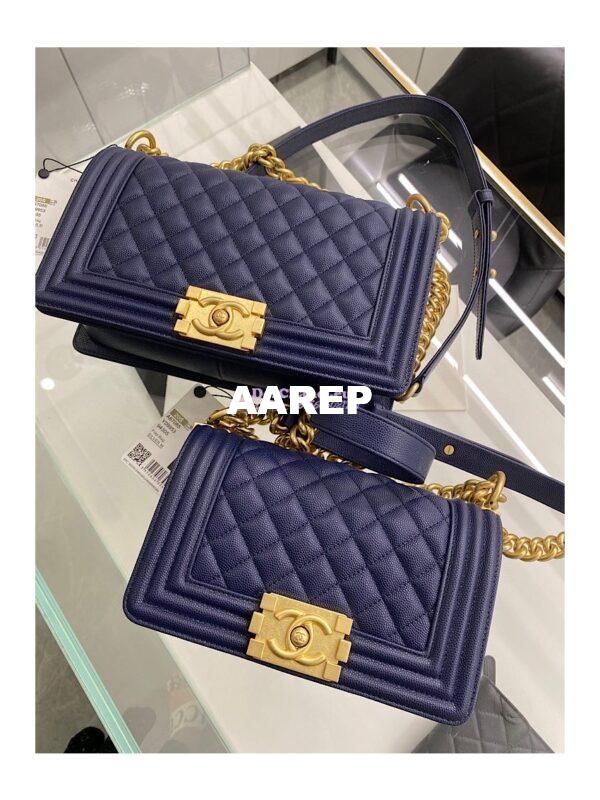 Replica Chanel Medium Boy Handbag in Grained Calfskin with Matte Gold Hardware 67086 Indigo Blue 3