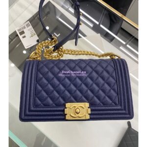 Replica Chanel Medium Boy Handbag in Grained Calfskin with Matte Gold Hardware 67086 Indigo Blue 2