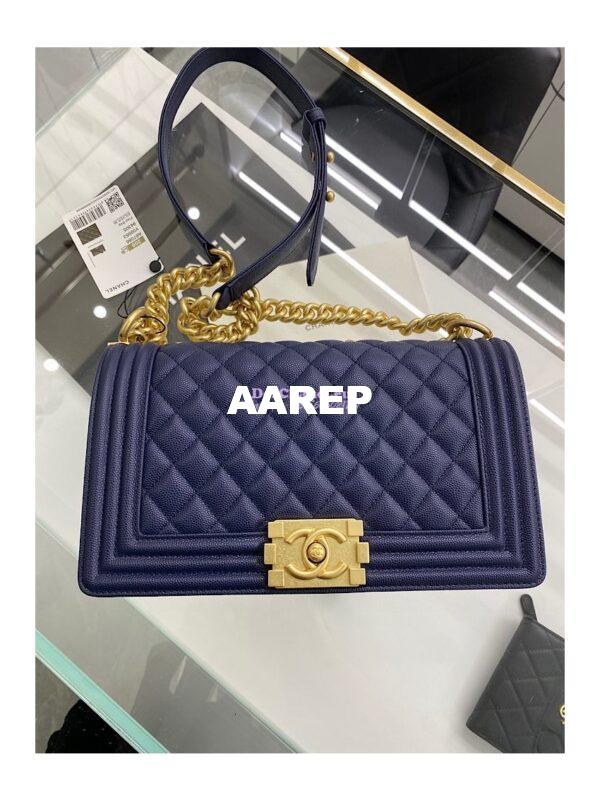Replica Chanel Medium Boy Handbag in Grained Calfskin with Matte Gold Hardware 67086 Indigo Blue 4