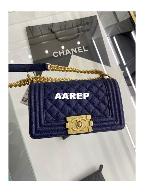 Replica Chanel Medium Boy Handbag in Grained Calfskin with Matte Gold Hardware 67086 Indigo Blue 14