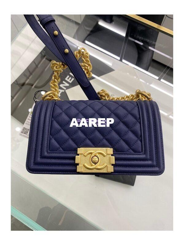 Replica Chanel Medium Boy Handbag in Grained Calfskin with Matte Gold Hardware 67086 Indigo Blue 15