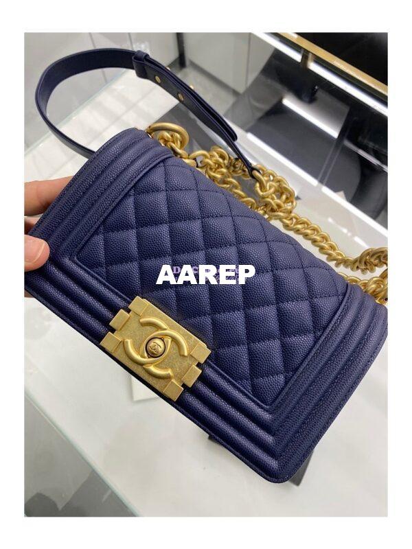 Replica Chanel Medium Boy Handbag in Grained Calfskin with Matte Gold Hardware 67086 Indigo Blue 16