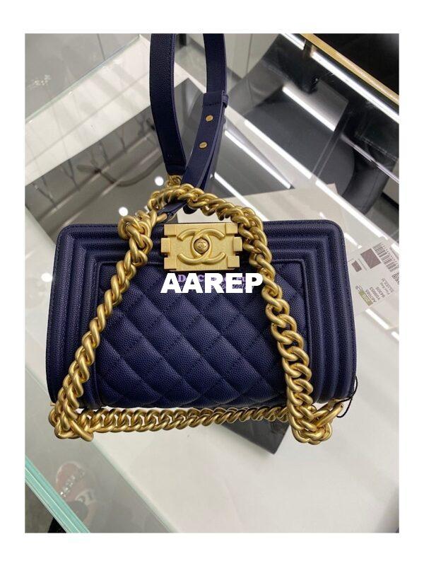 Replica Chanel Medium Boy Handbag in Grained Calfskin with Matte Gold Hardware 67086 Indigo Blue 17