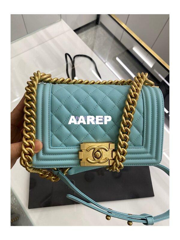 Replica Chanel Medium Boy Handbag in Grained Calfskin with Matte Gold Hardware 67086 Tiffany Blue 5