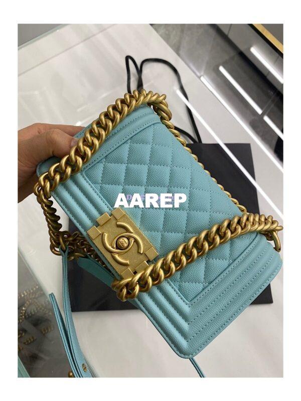 Replica Chanel Medium Boy Handbag in Grained Calfskin with Matte Gold Hardware 67086 Tiffany Blue 6