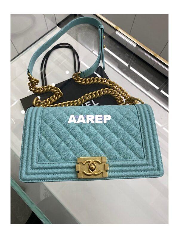 Replica Chanel Medium Boy Handbag in Grained Calfskin with Matte Gold Hardware 67086 Tiffany Blue 10