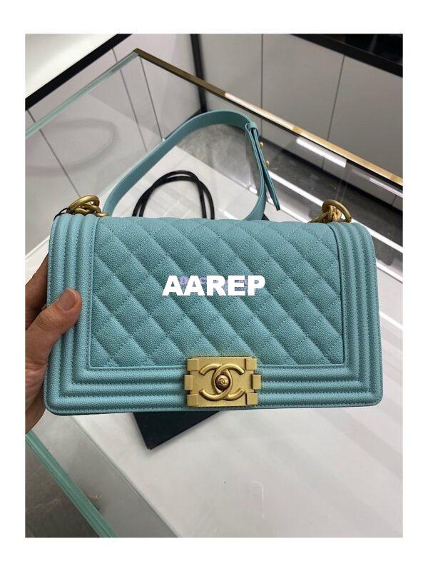 Replica Chanel Medium Boy Handbag in Grained Calfskin with Matte Gold Hardware 67086 Tiffany Blue 11