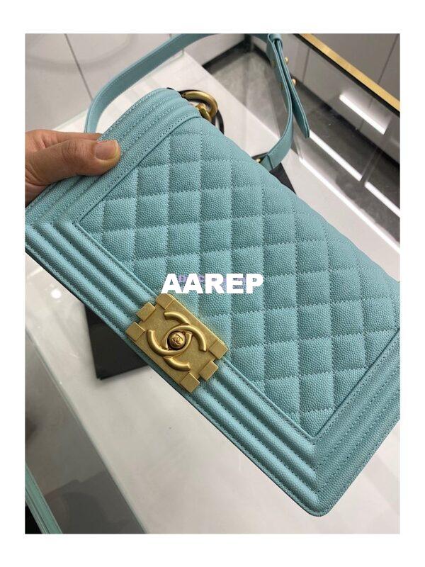 Replica Chanel Medium Boy Handbag in Grained Calfskin with Matte Gold Hardware 67086 Tiffany Blue 12