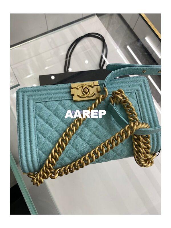 Replica Chanel Medium Boy Handbag in Grained Calfskin with Matte Gold Hardware 67086 Tiffany Blue 13