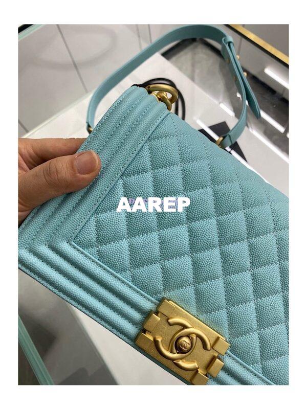 Replica Chanel Medium Boy Handbag in Grained Calfskin with Matte Gold Hardware 67086 Tiffany Blue 14