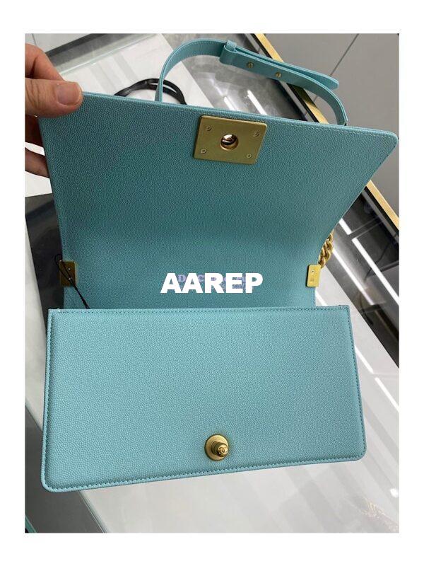 Replica Chanel Medium Boy Handbag in Grained Calfskin with Matte Gold Hardware 67086 Tiffany Blue 19