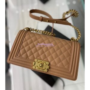 Replica Chanel Medium Boy Handbag in Grained Calfskin with Matte Gold Hardware 67086 Caramel 2