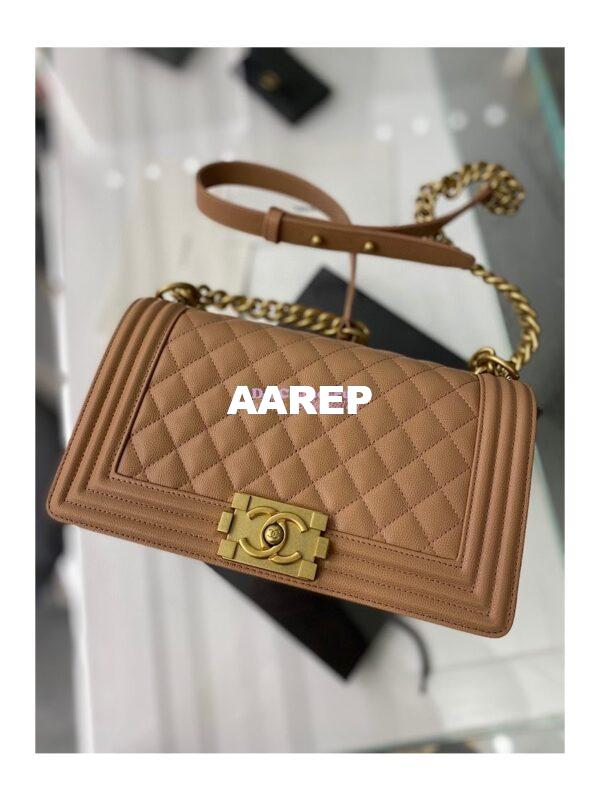 Replica Chanel Medium Boy Handbag in Grained Calfskin with Matte Gold Hardware 67086 Caramel 4