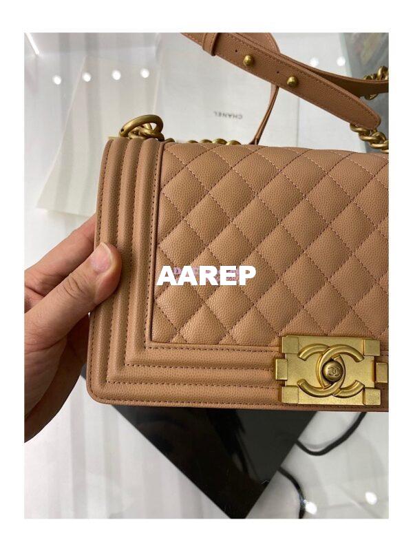 Replica Chanel Medium Boy Handbag in Grained Calfskin with Matte Gold Hardware 67086 Caramel 5
