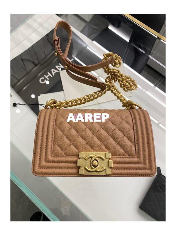 Replica Chanel Medium Boy Handbag in Grained Calfskin with Matte Gold Hardware 67086 Caramel 11