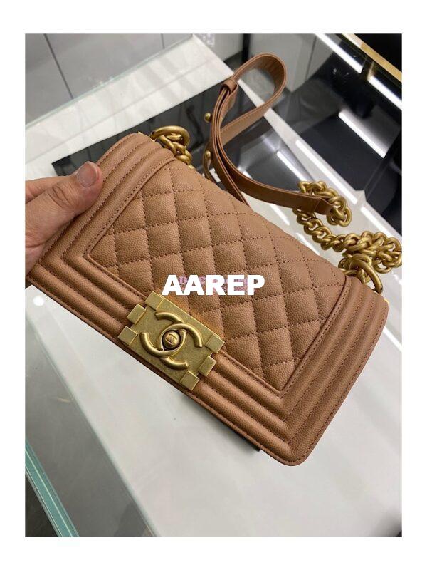 Replica Chanel Medium Boy Handbag in Grained Calfskin with Matte Gold Hardware 67086 Caramel 12