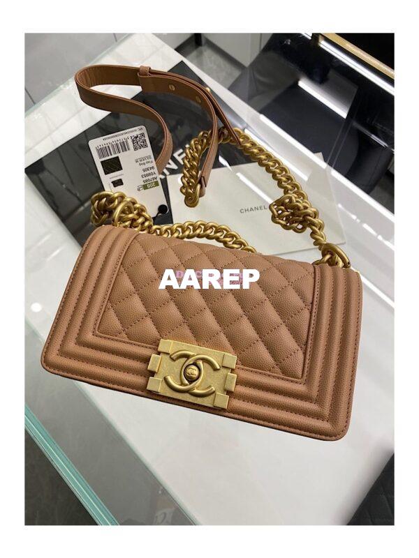 Replica Chanel Medium Boy Handbag in Grained Calfskin with Matte Gold Hardware 67086 Caramel 14