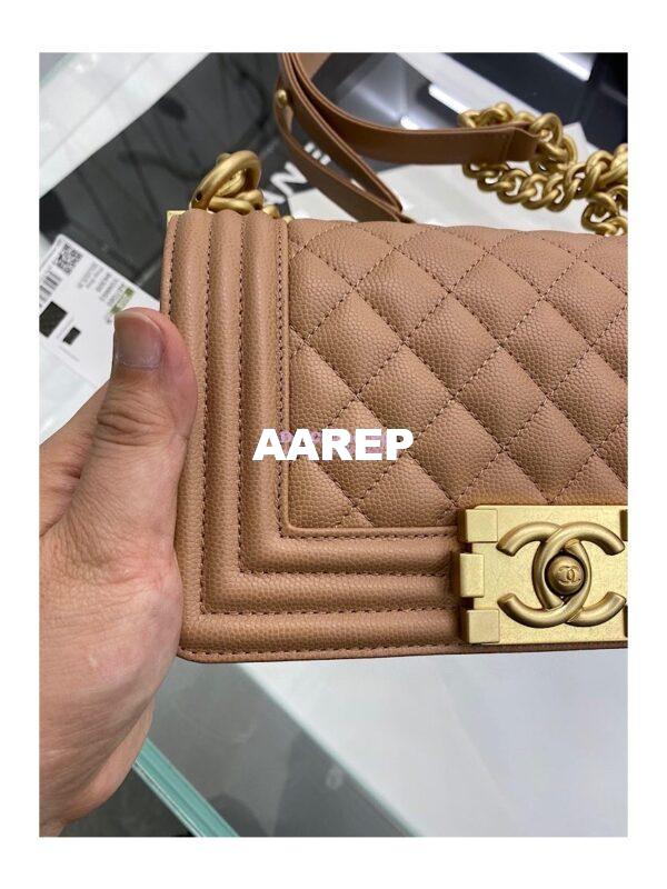 Replica Chanel Medium Boy Handbag in Grained Calfskin with Matte Gold Hardware 67086 Caramel 17