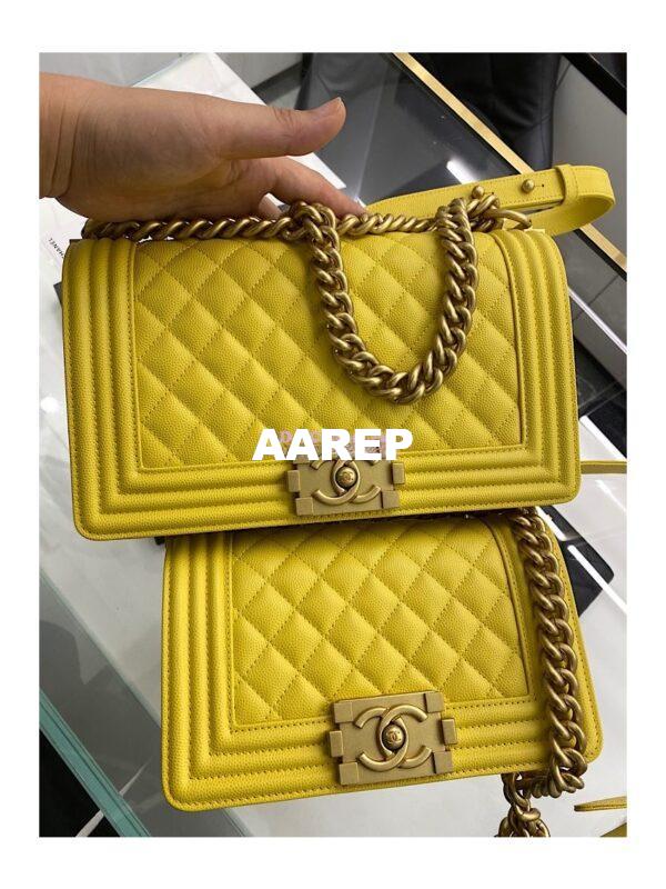 Replica Chanel Medium Boy Handbag in Grained Calfskin with Matte Gold Hardware 67086 Yellow 3