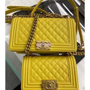 Replica Chanel Medium Boy Handbag in Grained Calfskin with Matte Gold Hardware 67086 Yellow 2