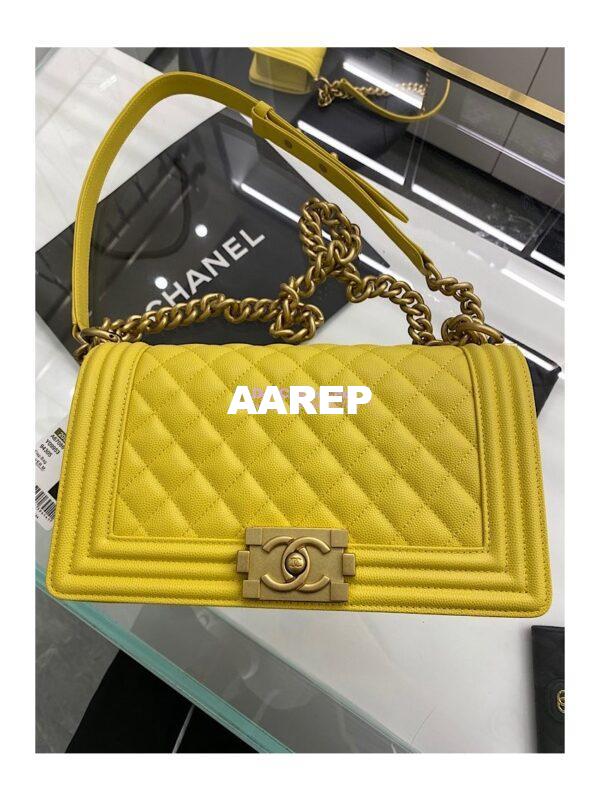 Replica Chanel Medium Boy Handbag in Grained Calfskin with Matte Gold Hardware 67086 Yellow 5