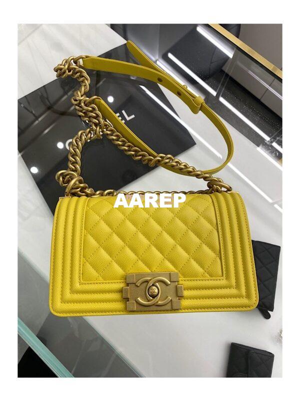 Replica Chanel Medium Boy Handbag in Grained Calfskin with Matte Gold Hardware 67086 Yellow 16