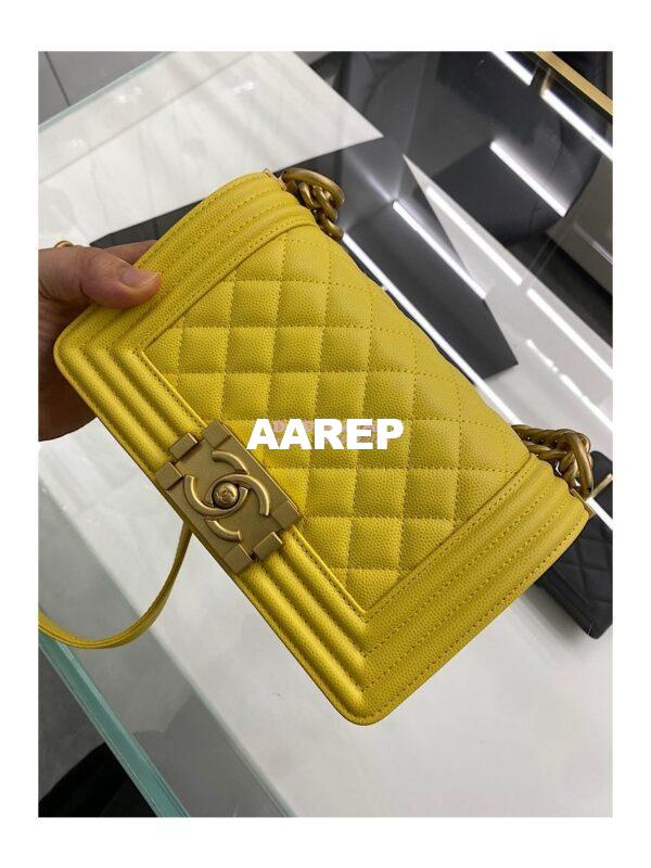 Replica Chanel Medium Boy Handbag in Grained Calfskin with Matte Gold Hardware 67086 Yellow 17
