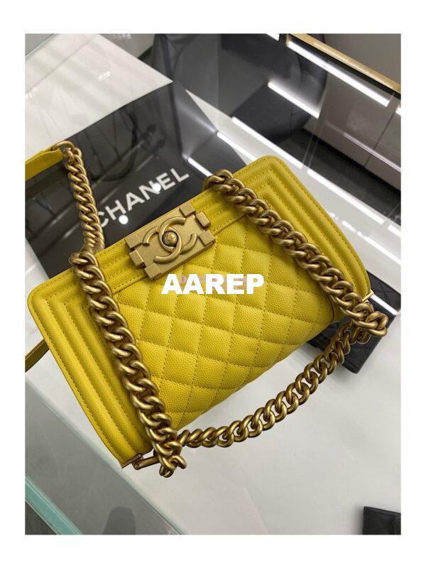 Replica Chanel Medium Boy Handbag in Grained Calfskin with Matte Gold Hardware 67086 Yellow 18