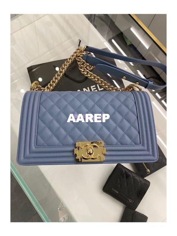 Replica Chanel Medium Boy Handbag in Grained Calfskin with Shining Gold Hardware 67086 Ash Blue 3
