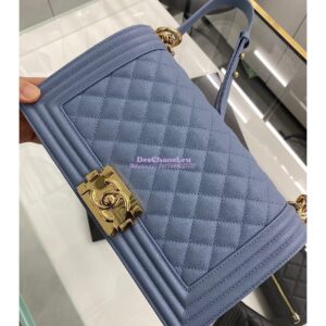 Replica Chanel Medium Boy Handbag in Grained Calfskin with Shining Gold Hardware 67086 Ash Blue 2