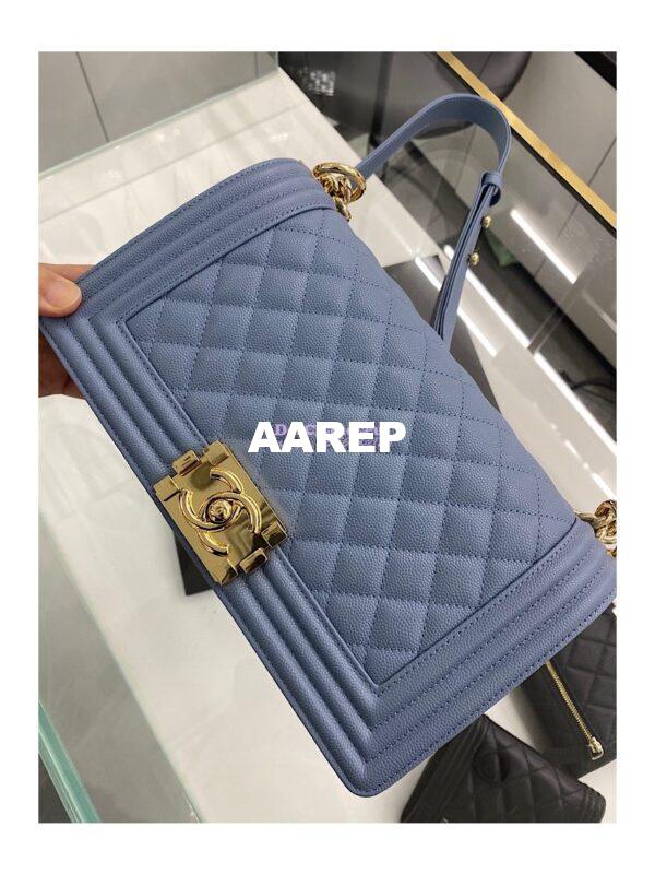 Replica Chanel Medium Boy Handbag in Grained Calfskin with Shining Gold Hardware 67086 Ash Blue 4
