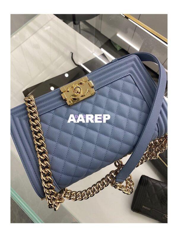 Replica Chanel Medium Boy Handbag in Grained Calfskin with Shining Gold Hardware 67086 Ash Blue 5